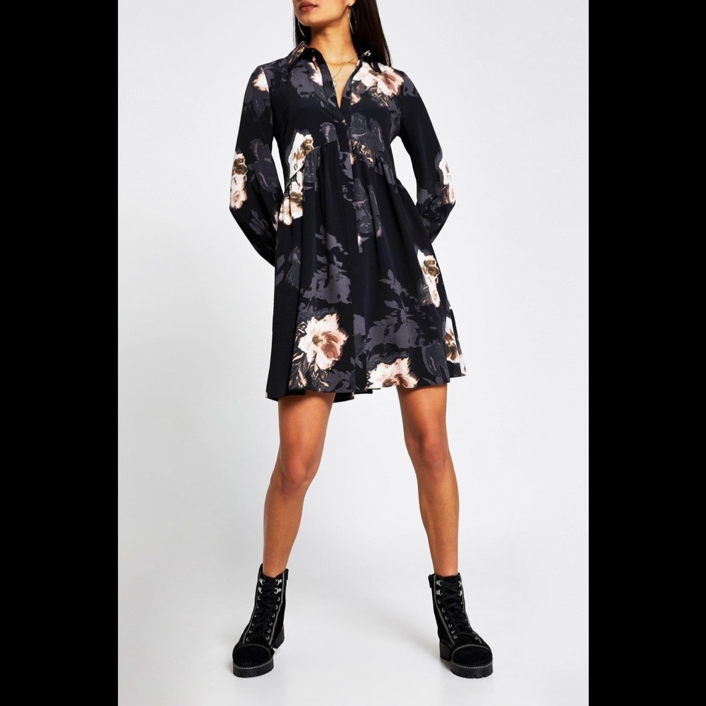 NWT River Island Black Folk Dreams Floral Shirt Smock Dress Size US 2 Lovely!